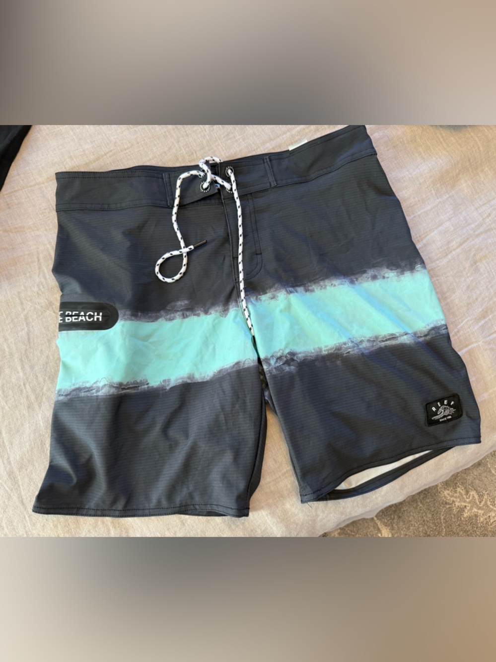 Reef Men’s Gray Swim Shorts with Teal Stripe